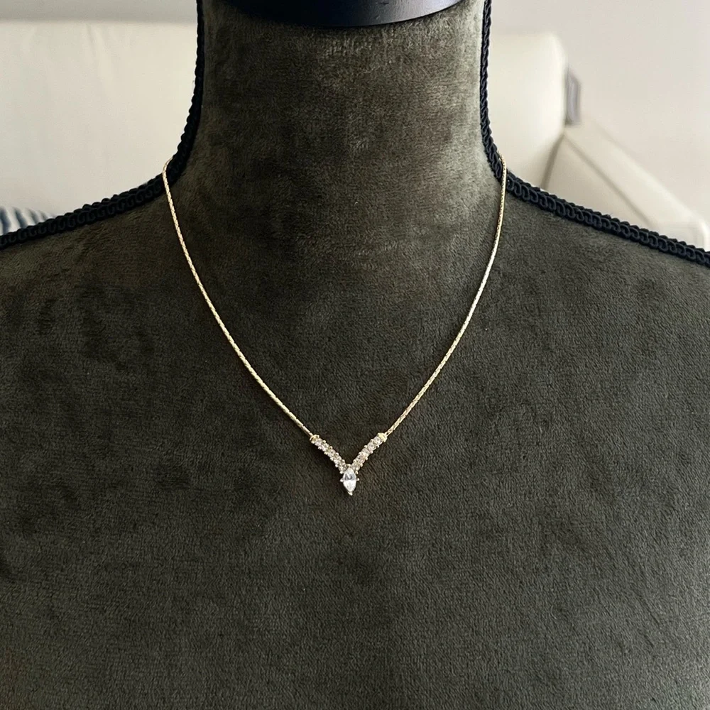 Vintage Christian Dior V Shape Marquise Rhinestone Thin Gold Chain Necklace Cute - Picture 2 of 6